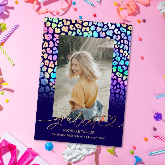 Trendig Chic Modern Leopard Foto Examen Meddelande (chic modern leopard safari photo graduation announcement)