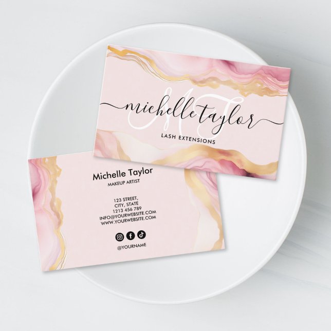 Trendig Chic Rosa Monogram Makeup Artist Hår Visitkort (blush pink agate gold monogram business card for makeup, hair dresser and beauty salon)