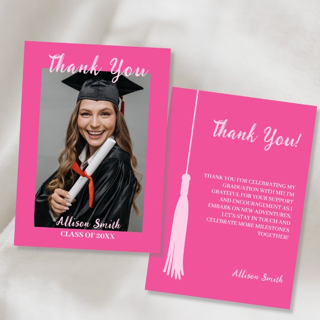 Trendig Chic Shock rosa Photo Studenten Tack (Trendy Chic Hot Pink Photo Graduation Thank You)