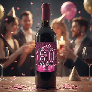Trendig Chic Vibrant Het Rosa Neon 60-årsdag Vinflaska Etikett