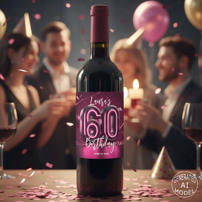 Trendig Chic Vibrant Het Rosa Neon 60-årsdag Vinflaska Etikett (Skapare uppladdad)