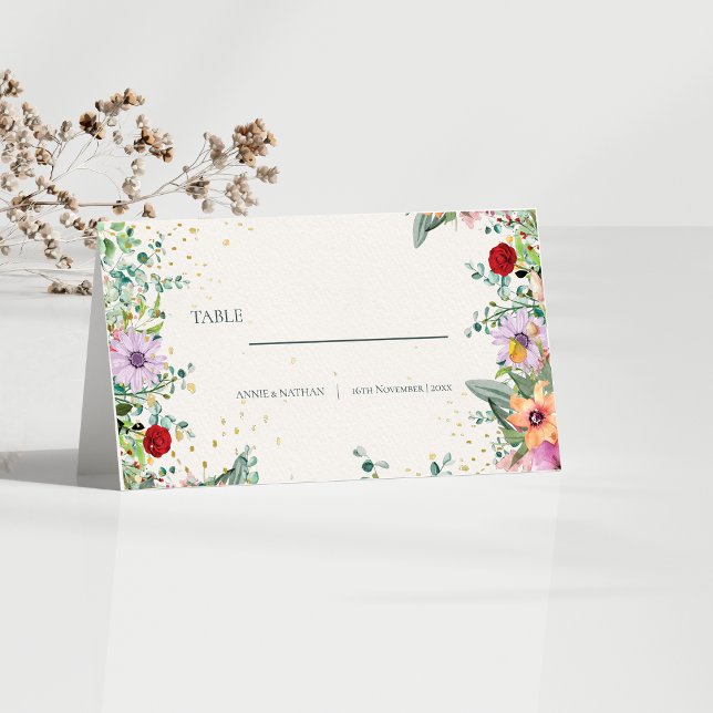 Trendig Chic Wildblommor Blommigt Bröllopsmottagni Placeringskort (Trendy Chic Wildflowers Floral Wedding Reception Place Card)