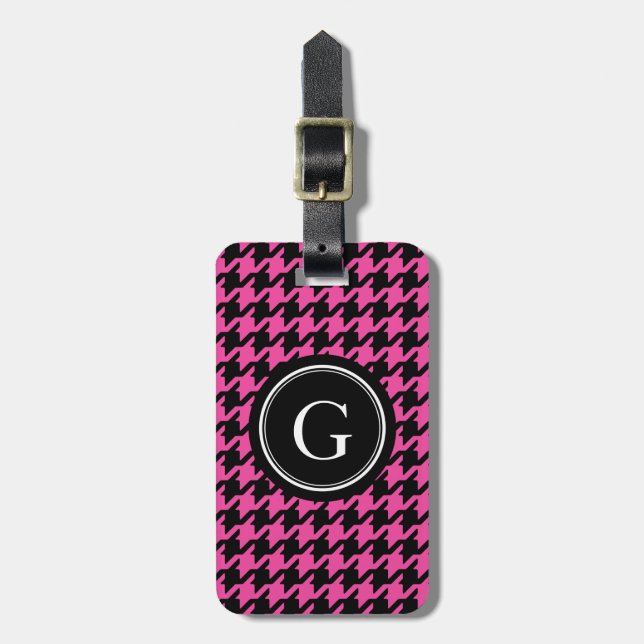 Trendig Classic rosa Houndstooth med monogram Bagagebricka (Vertikal Framsida)