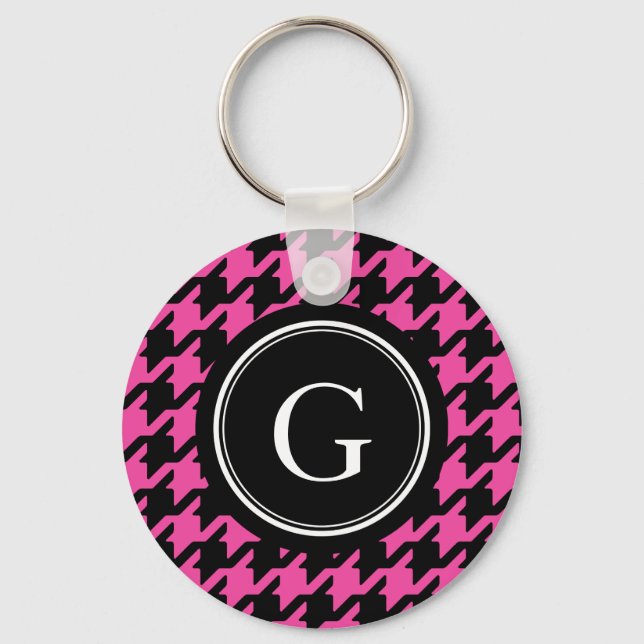 Trendig Classic rosa Houndstooth med monogram Nyckelring (Framsida)