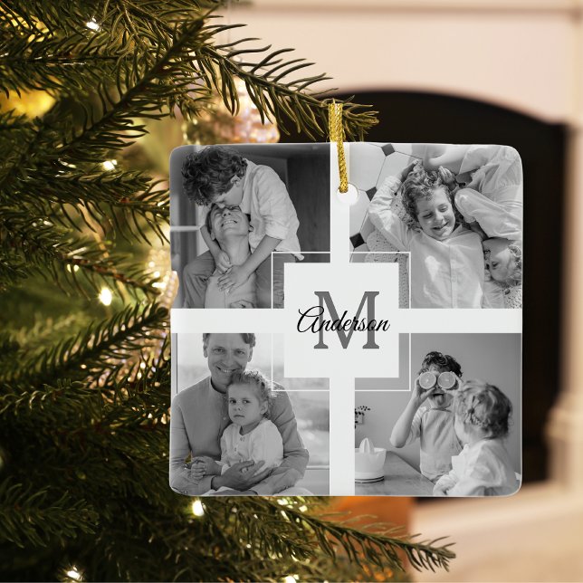 Trendig Collage Family Photo Black & White Initial Julgransprydnad Keramik (Skapare uppladdad)