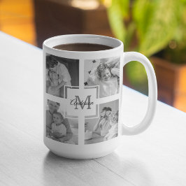 Trendig Collage Family Photo Black & White Initial Kaffemugg