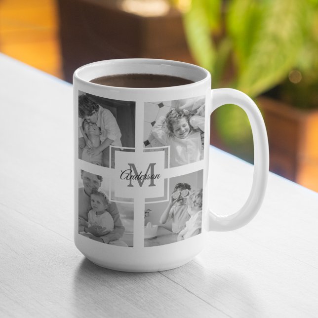 Trendig Collage Family Photo Black & White Initial Kaffemugg (Skapare uppladdad)
