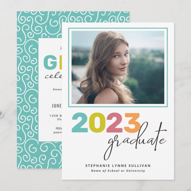 Trendig Colorful Lettering Modern Grad Party Inbjudningar (Fram/baksida)