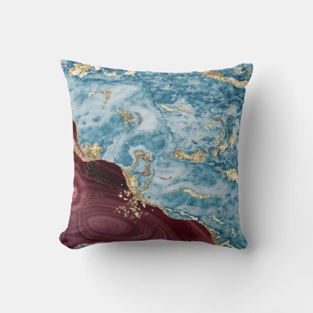 Trendig Cool Blue Burgundy Marmor Stentextur Kudde (Framsida)