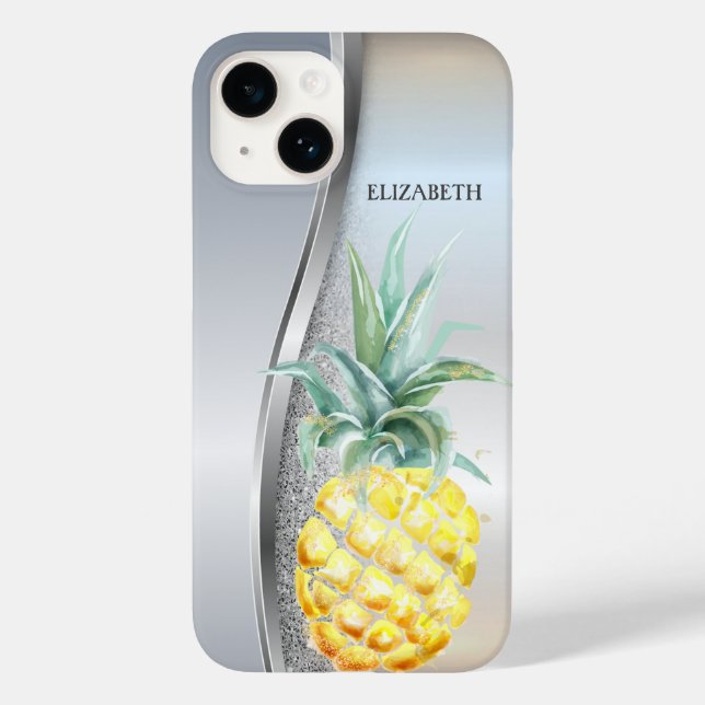 Trendig Cool Silver Glitter Vattenfärg Pineapple  (Baksida)
