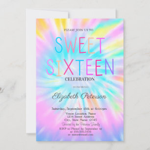 Trendig Cool Tie Dye Färgglad Sweet 16 Inbjudningar
