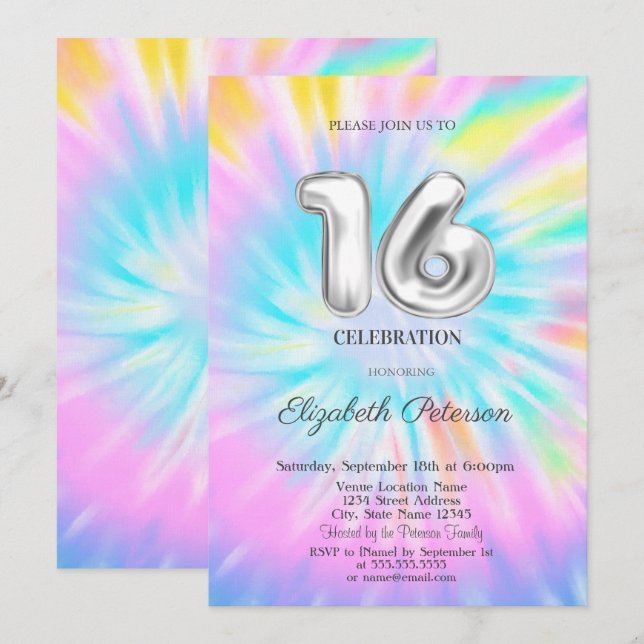 Trendig Cool Tie Dye Sweet 16  Inbjudningar (Fram/baksida)