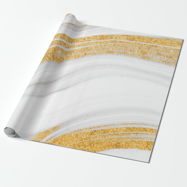 Trendig Cool White Marmorstruktur Guldglitter Presentpapper (Utrullad)