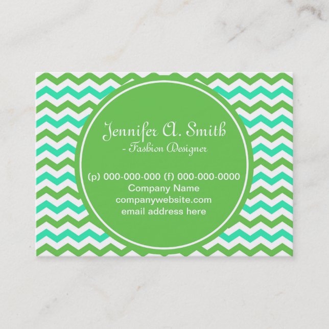 trendig, coola grönt och akvblått chevron zigzag visitkort (Framsida)
