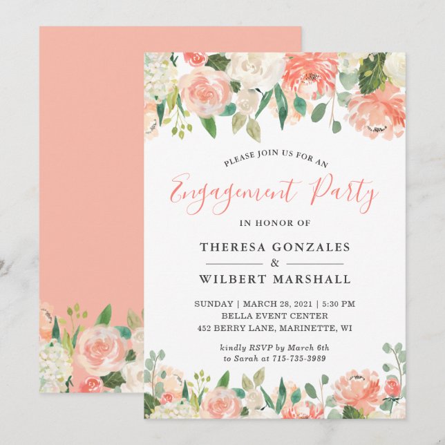 Trendig Coral Peach Blommigt Förlovningsfest Inbjudningar (Fram/baksida)