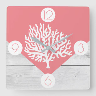 Trendig Coral Rosa & White Wood Print Sea Coral Fyrkantig Klocka