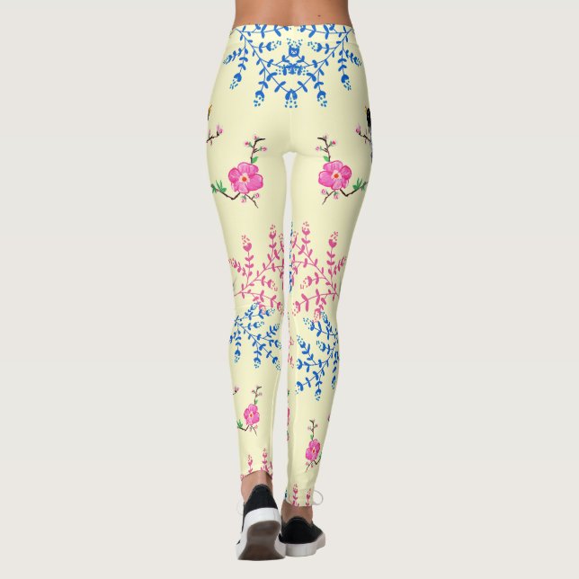 Trendig Cream Blommigt Flowers Nature Birds Leggings (Baksida)