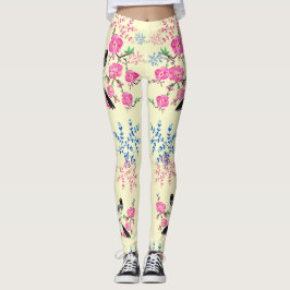Trendig Cream Blommigt Flowers Nature Birds Leggings