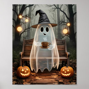 Trendig Cute Ghost med kaffe i skogen Poster