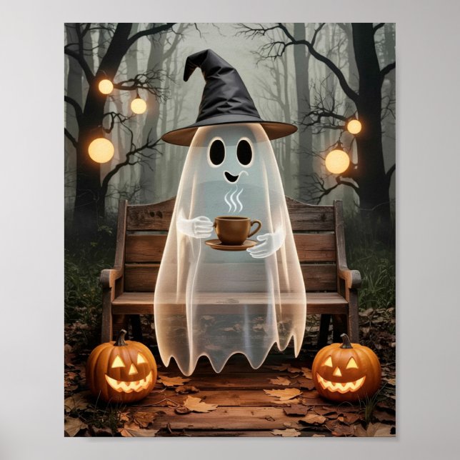 Trendig Cute Ghost med kaffe i skogen Poster (Framsidan)
