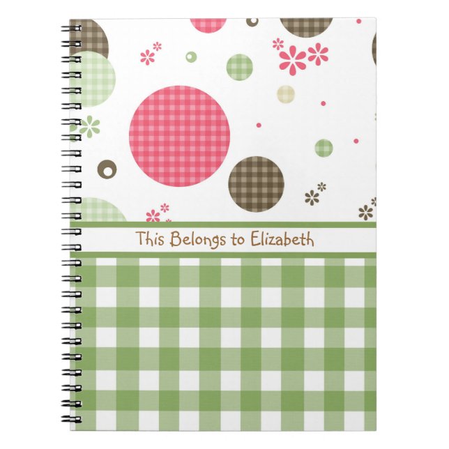 Trendig Cute Gingham Polka dots med Namn Anteckningsbok Med Spiral (Framsidan)