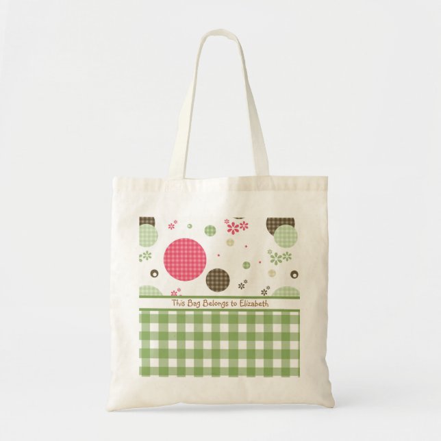Trendig Cute Gingham Polka dots med Namn Tygkasse (Framsidan)