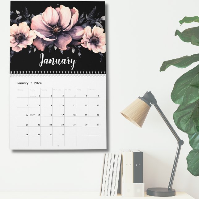 Trendig Cute Modern Rosa Black Blommigt Kalender (Cute Modern Pink Black Floral Calendar)