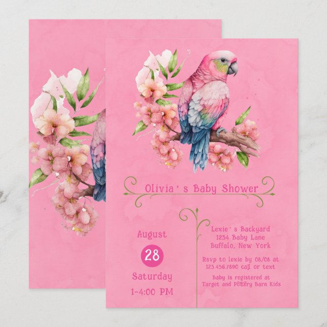 Trendig Cute Parrot Bird Rosa Girl Baby Shower Inbjudningar (Fram/baksida)