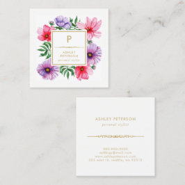 Trendig Cute Watercolor Guld Rosa Flowers Monogram Fyrkantigt Visitkort