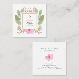 Trendig Cute Watercolor Rosa Flowers Monogram Fyrkantigt Visitkort