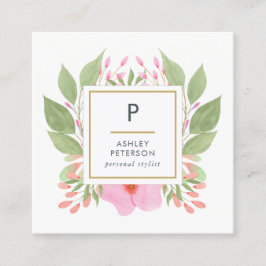 Trendig Cute Watercolor Rosa Flowers Monogram Fyrkantigt Visitkort