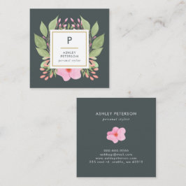 Trendig Cute Watercolor Rosa Flowers Monogram Fyrkantigt Visitkort