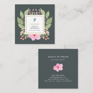 Trendig Cute Watercolor Rosa Flowers Monogram Fyrkantigt Visitkort