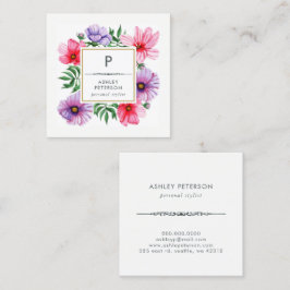 Trendig Cute Watercolor Rosa Flowers Monogram Fyrkantigt Visitkort