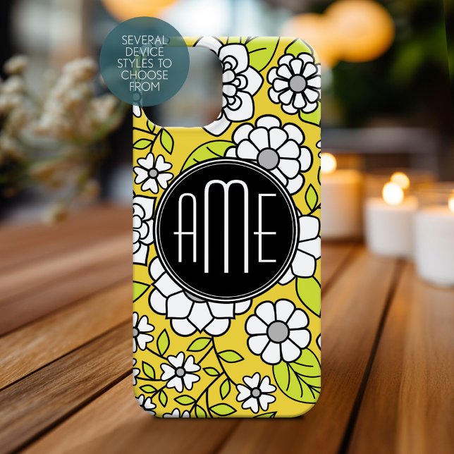 Trendig Daisy Blommigt Illustration - grått och gu (Personalized Phone Case with Monogram)