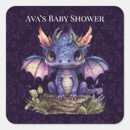 Trendig Damask Lila Dragon Girl Boy Shower Fyrkantigt Klistermärke