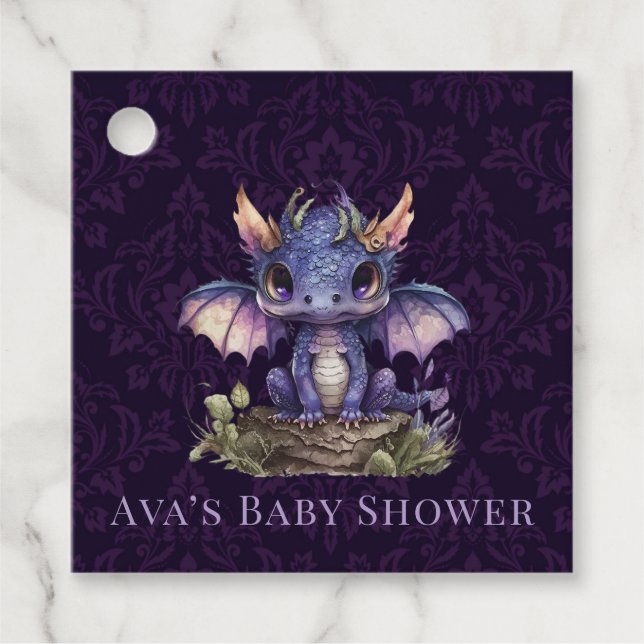 Trendig Damask Lila Dragon Girl Boy Shower Gåvor Etiketter (Framsida)