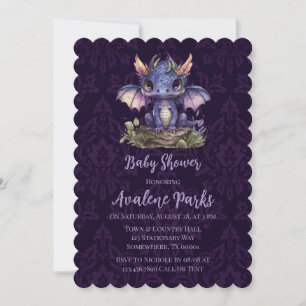 Trendig Damask Lila Dragon Girl Boy Shower Inbjudningar