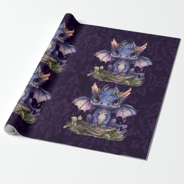 Trendig Damask Lila Dragon Girl Boy Shower Presentpapper (Utrullad)