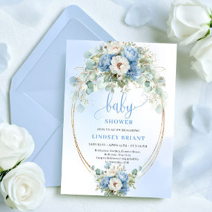 Trendig dammig blå blommor guld baby shower-kort inbjudningar