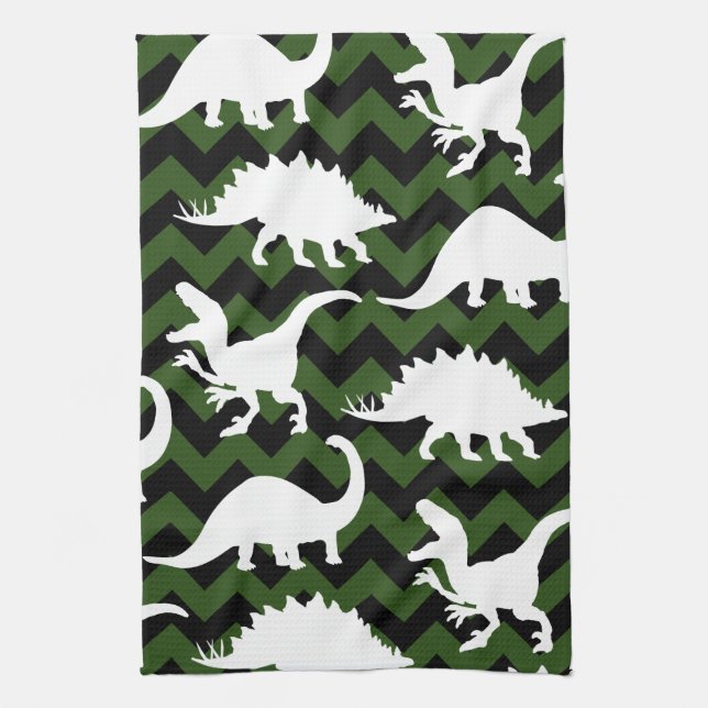 Trendig Dinosaur Silhouettes & Grönt Chevrons Kökshandduk (Vertikal)