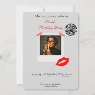 Trendig Disco Polaroid Ram med Red Läppar födelsed Inbjudningar