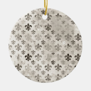 Trendig Distress Silver Grått Fleur De Lis Mönster Julgransprydnad Keramik