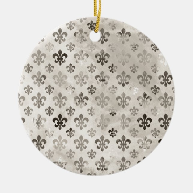 Trendig Distress Silver Grått Fleur De Lis Mönster Julgransprydnad Keramik (Framsidan)