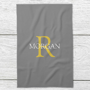 Trendig DIY-monogram & namn, guld/vit text, grå Kökshandduk
