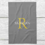 Trendig DIY Monogram & Namn, Guld/vit text, Grått Kökshandduk<br><div class="desc">Anpassa med ditt monogram och namn i guld och vit text på Grått-bakgrunden. Denna klassiska snyggt och trendig är en underbar gåva till honom eller henne.</div>