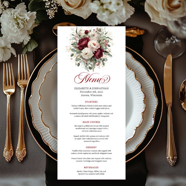 Trendig djupröd blomstergrönska menykort meny (Trendy Deep Red Floral Greenery Menu Card)