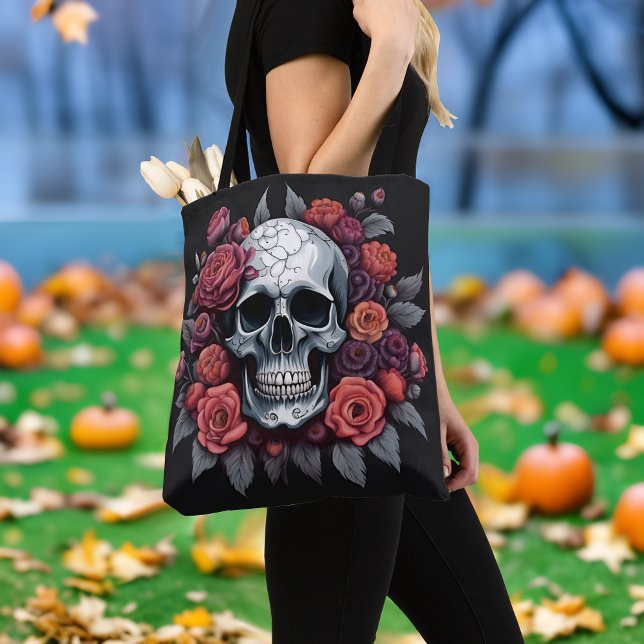 Trendig dödskalle med rosor gotisk halloween-handv tygkasse (🌹 Elegance in Darkness: Gothic Halloween Tote Bag! 👻)