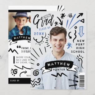Trendig Doodle Sketch Magazine Cover Boy Grad Part Inbjudningar