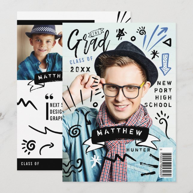 Trendig Doodle Sketch Magazine Cover Boy Grad Part Inbjudningar (Fram/baksida)